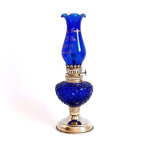 Vintage glass oil lamp Made in Hong Kong Glass kerosene lamp with wick Collectible cobalt glass oil lantern Housewarming gift