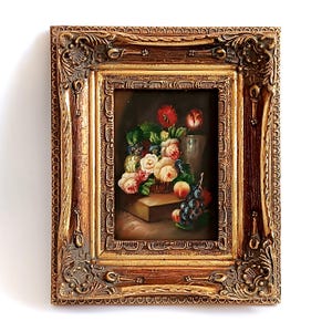 Collectible painting oil on the wood with gold leaf wooden frame Wall hanging flower bouquet in the vase Floral painting Housewarming gift