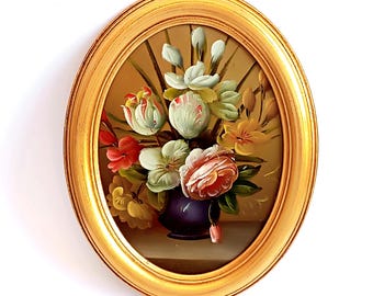 Framed oil painting Wooden frame wall hanging picture flowers Collectible floral art Bouquet of flowers in a vase painting Christmas gift