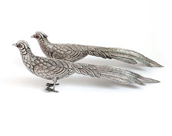 Collectible pheasants statuettes couple Antique pair of pheasant Housewarming gift for bird lover peacock figurine Home decor Red eyes birds