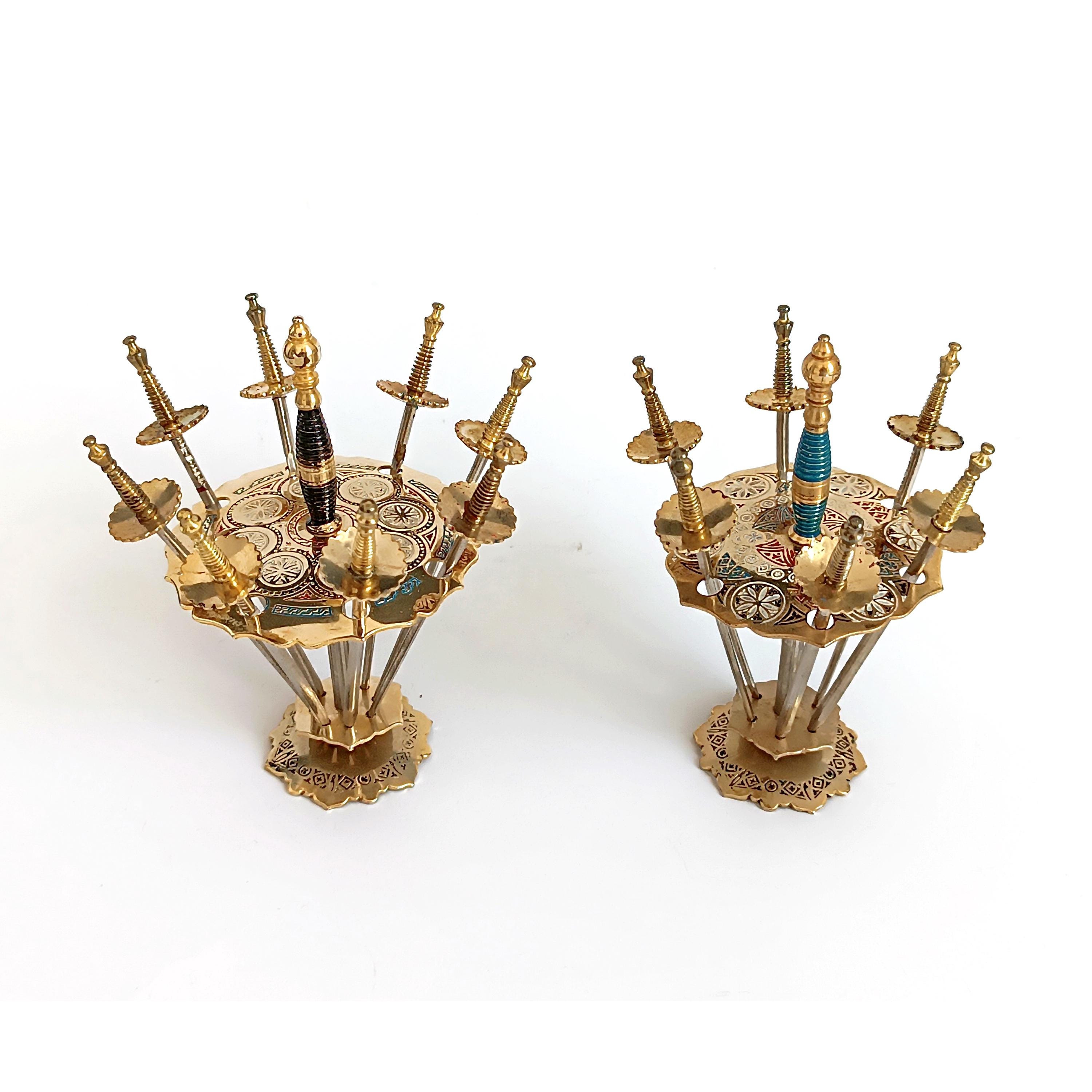 Pair of Toledo Cocktail Swords With Stand Sets Collectible Spanish