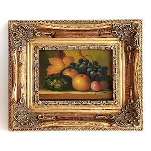 Still life painting Oil on the wood Gold leaf wooden frame Wall hanging plate with fruits Collectible painting Dining deco Housewarming gift