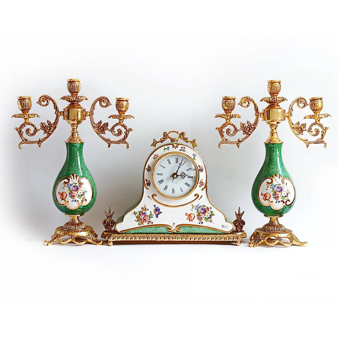 Set of Porcelain Mantel Clock With 2 Candlestick Spanish Antique Table ...