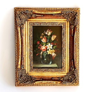 Floral Oil Painting on Wood: Gold Leaf Frame, Collectible Art