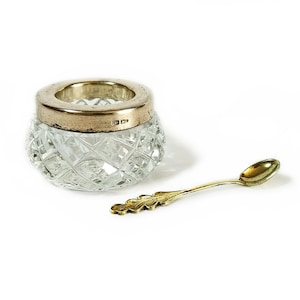 Crystal silver gilded saltcellar with silver gilded spoon 875 silver Collectible open salt cellar with acorn spoon Holiday table serving