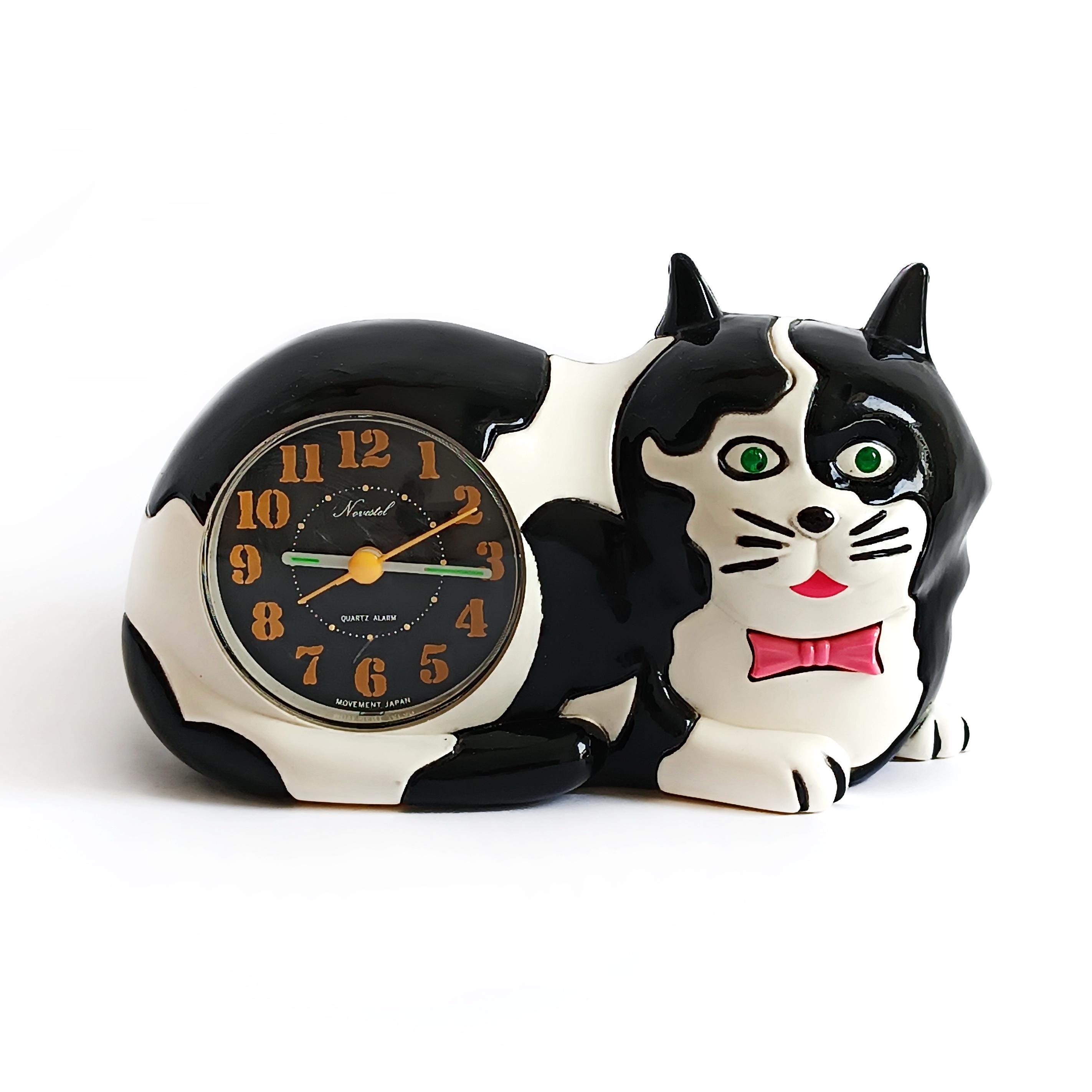 Japan Alarm Clock Cat Shaped Meow Sounds Blink Eyes Antique