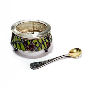 Collectible cloisonne enamel salt cellar with gilded spoon Green and red melchior open saltcellar caviar dish mustard pot Housewarming gift