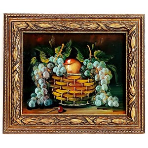 Framed still life oil painting gold with leaf wooden frame Wall hanging picture grape apple Collectible floral painting Housewarming gift