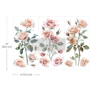 Könnte beinhalten: Eine Bogen mit dekorativen Transfer-Aufklebern mit aquarellierten rosa Rosen mit grünen Blättern und Stielen. Die Aufkleber sind 30,4 cm hoch und 15,2 cm breit.