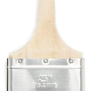 Puede incluir: Un pincel de pintura de 7,6 cm de ancho con un mango de madera y una virola de metal plateado. El mango tiene el texto "Zibra" y "Patent Pending" impreso en él. La virola tiene el texto "3" y "76,2 mm" impreso en él.