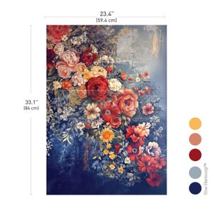 Könnte beinhalten: Ein floraler Kunstdruck mit einem lebendigen Arrangement aus Rosen und anderen Blumen in Rot-, Rosa-, Gelb- und Weißtönen. Das Kunstwerk ist 59,4 cm breit und 84 cm hoch, mit einem dunkelblauen Hintergrund und einem Hauch von Gold.