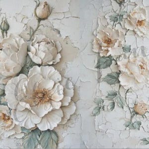 May include: A detailed, textured artwork featuring large, white peony flowers with light green leaves and buds. The flowers are set against a distressed, cracked white background, creating a vintage aesthetic.