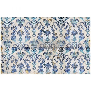 May include: A vintage wallpaper pattern featuring a repeating design of blue and gold floral motifs on a white background.