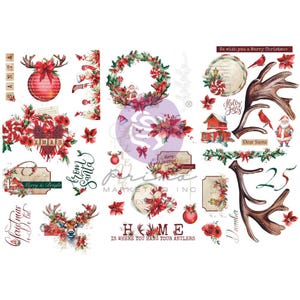 Pode incluir: Um pacote de papel digital com tema natalino com cores vermelho e verde. As imagens incluem uma coroa, chifres de rena, um veado, um Papai Noel e um enfeite vermelho. O texto "We wish you a Merry Christmas" está incluído na imagem.