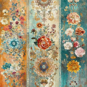 May include: A decorative panel featuring three vertical sections with floral and ornamental designs. The sections are in shades of orange, teal, and light blue, with detailed illustrations of flowers and intricate patterns. The overall style is vintage and artistic.