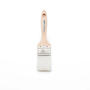 Puede incluir: Un pincel de pintura blanco con un mango de madera. El mango tiene el texto "Zibra" y "Soft Bristle" impreso en él. El pincel tiene 5 cm de ancho.