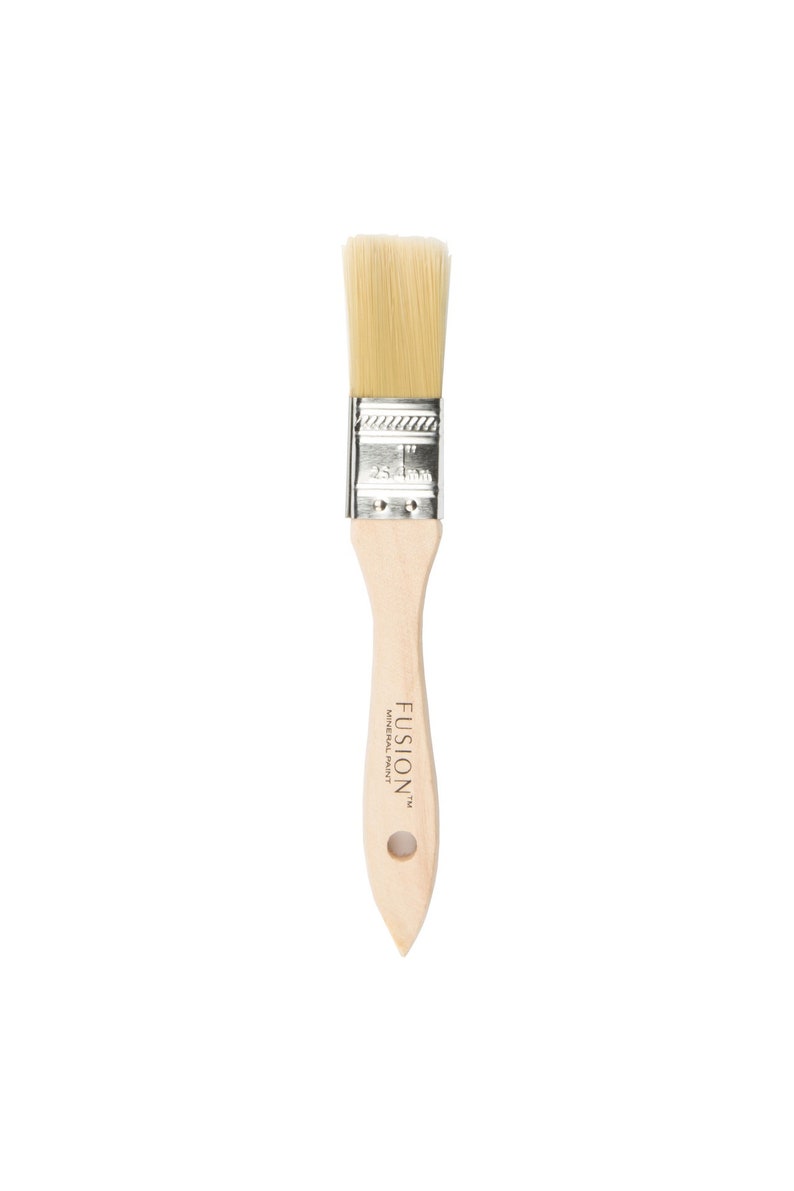 May include: A 1-inch wide, natural bristle paint brush with a wooden handle. The handle is labeled "Fusion Mineral Paint".