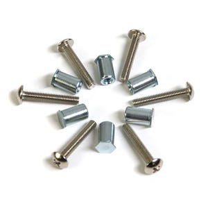 May include: A set of ten silver-toned screws and nuts, arranged in a circular pattern on a white background.