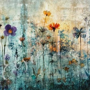 May include: A digitally enhanced floral print with a textured, distressed appearance. The artwork features a variety of wildflowers in shades of purple, orange, and blue against a backdrop of teal and beige. The overall theme is nature and botanical.