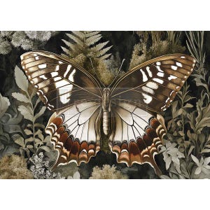 May include: A detailed illustration of a butterfly with open wings, featuring brown, white, and black patterns. The butterfly is set against a backdrop of muted green foliage, creating a naturalistic aesthetic.