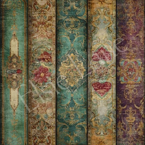 May include: A series of vertical panels with a distressed, vintage appearance. The panels display elaborate floral and scroll patterns in teal, brown, and purple with gold detailing, resembling antique wallpaper or fabric.