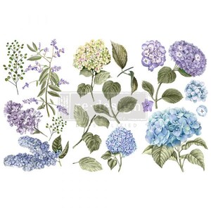 MYSTIC HYDRANGEA - Petits transferts décoratifs Redesign - 3 feuilles, 6" X 12", Prima Transfer, Decor Transfer, frotter sur les transferts