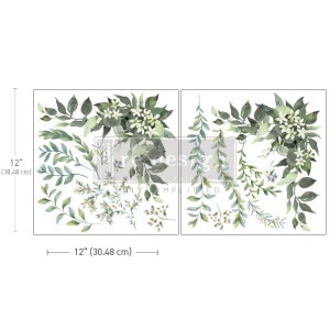 Könnte beinhalten: Ein Set aus zwei dekorativen floralen Transfers, jeweils 30,48 cm lang und hoch. Die Transfers zeigen grüne Blätter, weiße Blüten und kleine Beeren. Das Design ist ein botanisches Thema, geeignet für verschiedene Bastelprojekte.