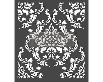 Puede incluir: Una plantilla en blanco y negro con un patrón de damasco. La plantilla está hecha de plástico duradero y está diseñada para usarse con pintura u otros medios. © REDESIGN WITH PRIMA