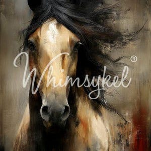 May include: An artistic painting of a horse's head, featuring a tan and brown coat with a black mane. The horse's face is centered, with the text "Whimsykel" in a cursive font. The background has a textured, abstract style.