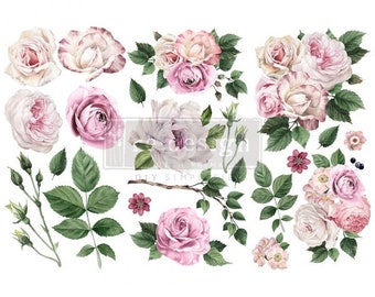 DELICATE ROSES -Redesign Decor Small Transfer - 3 sheets, 6&quot; X 12&quot;, Prima Transfer, Decor Transfer, Rub on Transfers