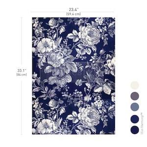 May include: A navy blue floral pattern featuring white and grey flowers and foliage. The design measures 59.4 cm wide and 84 cm long. A colour palette of white, grey, and various shades of blue is also included in the image.