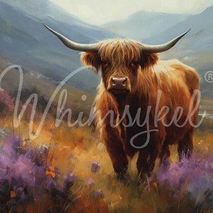 May include: A brown Highland cow with long horns stands in a field of purple wildflowers. The cow is looking directly at the viewer. The background is a blurry landscape of rolling hills.