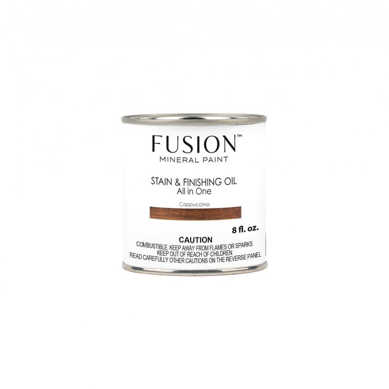 May include: A can of Fusion Mineral Paint Stain & Finishing Oil in the color Cappuccino. The can is 8 fluid ounces and has a caution label.