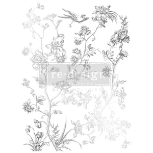 May include: A grayscale floral design featuring detailed illustrations of flowers, leaves, and a bird. The design includes the text "re-design" and "DIY SIMPLIFIED" within a rectangular frame, suitable for crafting projects.