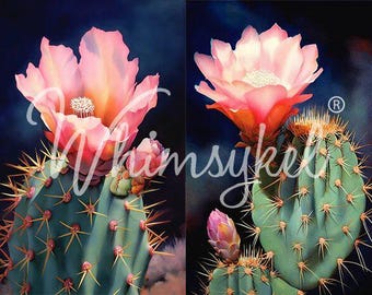 May include: Two pink cactus flowers bloom against a dark blue background. The flowers are in full bloom and have a delicate, layered appearance. The cactus plants are green and have sharp spines.