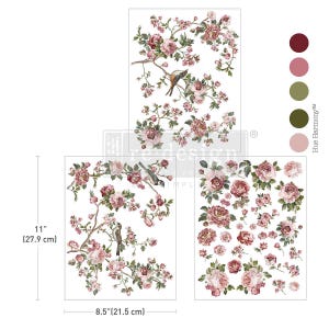 May include: Three sheets of decorative transfer decals featuring pink and green floral designs with birds. The decals are 8.5 inches by 11 inches and are part of the Hue Harmony collection.