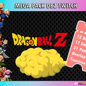 Può includere: Grafica digitale con il logo di Dragon Ball Z in giallo e rosso, con una nuvola gialla e vari personaggi dei cartoni animati. L'immagine include il testo "MEGA PACK DBZ TWITCH" e un biglietto rosa con testo su avvisi, emote, pannelli e transizioni.