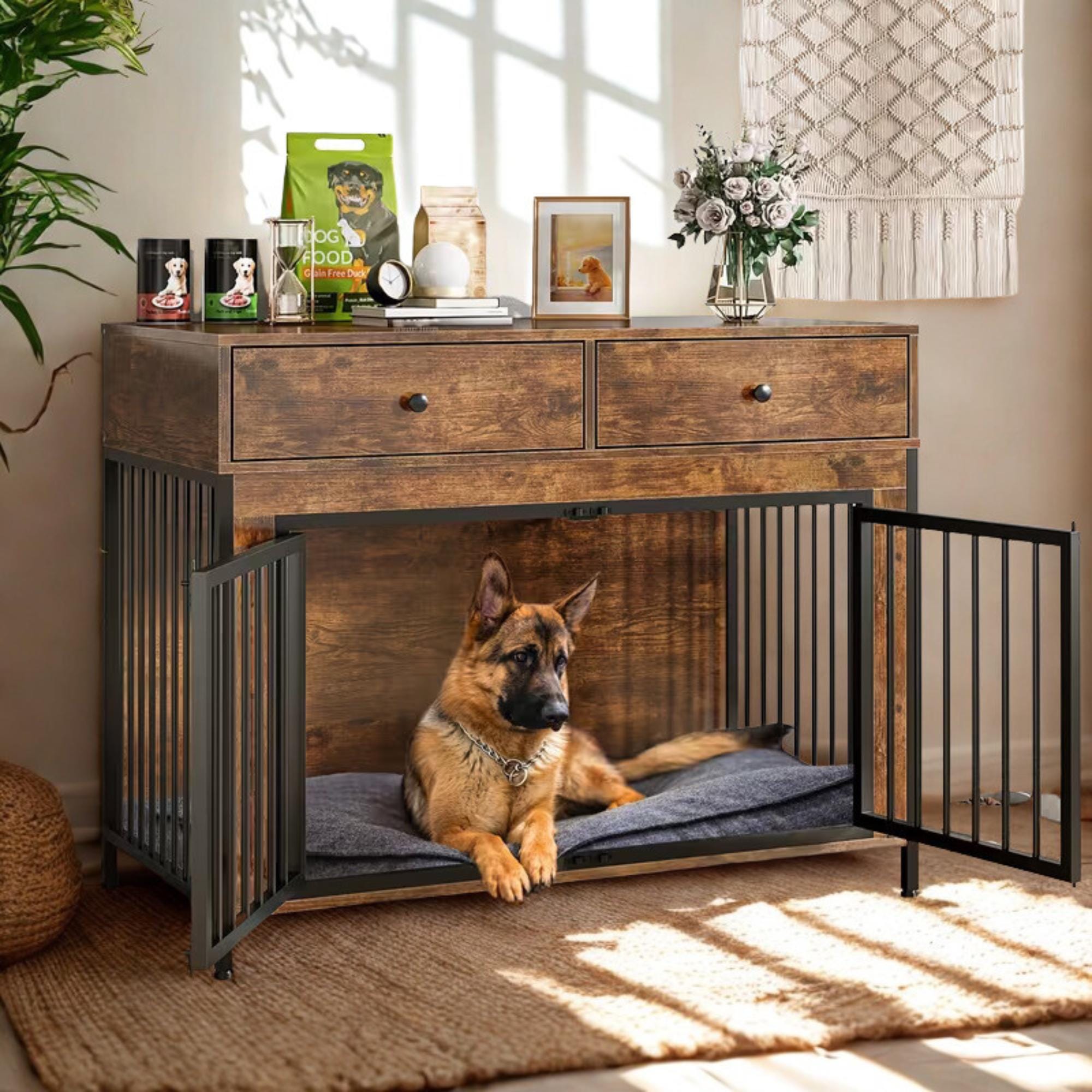 Large Wooden Dog Crate End Table With Storage Drawers, Farmhouse Kennel ...