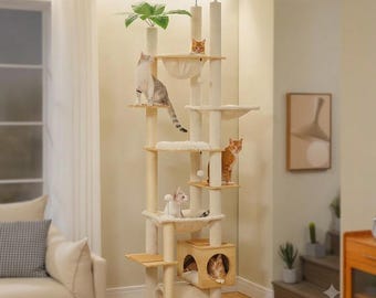 Árbol rascador de madera multinivel para gatos, casitas extragrandes, hamaca, percha, postes de sisal.