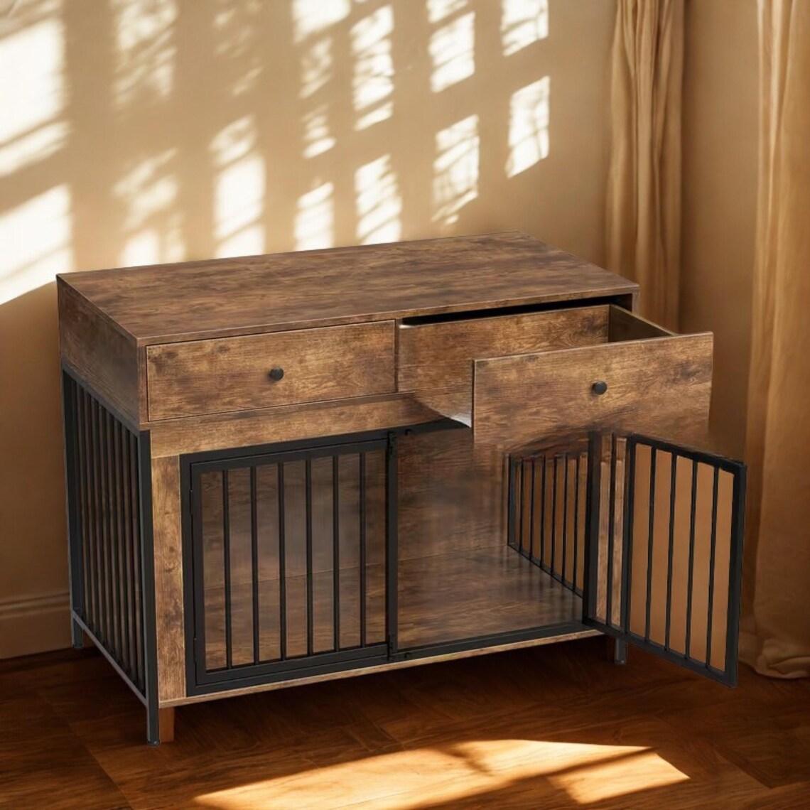 Large Wooden Dog Crate End Table With Storage Drawers, Farmhouse Kennel ...