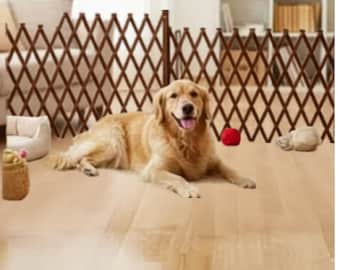 Expandable Wooden Pet Gate, Retractable Dog Barrier, Snow Mountain Pine Finish, Indoor Outdoor Use
