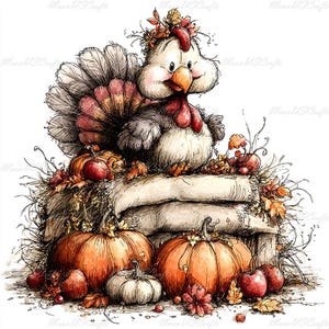 Op de afbeelding: Een grillige aquarelillustratie van een kalkoen met een kroon van herfstbladeren, zittend op een stapel jute zakken. De scène bevat oranje pompoenen, rode appels en verspreid herfstblad, allemaal weergegeven met gedetailleerde inktlijnen.