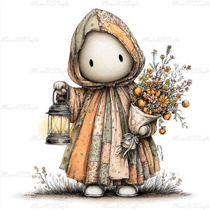 Puede incluir: Una ilustración estilizada de una figura con una capa de patchwork con capucha en tonos apagados de naranja, verde y crema. La figura sostiene una linterna negra encendida en una mano y un ramo de flores silvestres naranjas y amarillas.