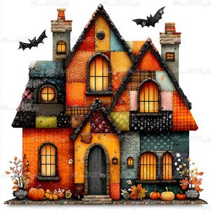 May include: A multi-story house illustration featuring a patchwork design in orange, yellow, and dark blue tones. The structure has multiple glowing windows, two chimneys, and two black bats flying above. Pumpkins and autumn foliage sit at the base.