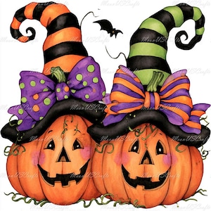 May include: Two orange jack-o'-lanterns with carved triangular eyes and jagged mouths, each wearing a tall, curled witch hat. One hat is orange and black striped with a purple polka-dot bow, the other green and black striped with a striped bow.