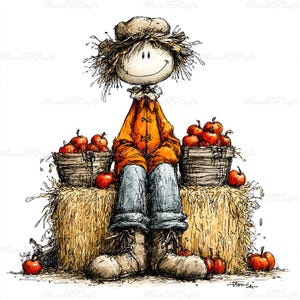 40 JPG Whimsical Autumn Harvest Scarecrow Clipart, Cute Autumn Scarecrow Art, Fall Harvest Pumpkin Patch, Commercial Use
