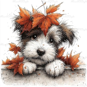 May include: A fluffy puppy with dark and white fur peeking over a wooden ledge, adorned with vibrant orange and red autumn maple leaves resting on its head and surrounding its paws, rendered in a detailed sketch-like artistic illustration style.