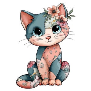 Puede incluir: Ilustración caprichosa de un gato de retazos con grandes ojos azules y una corona floral. El cuerpo del gato está compuesto por varios patrones de tela en tonos azules, rosas y estampados florales, creando una estética encantadora y artesanal.