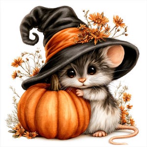 Puede incluir: Un pequeño ratón gris y blanco lleva un gran sombrero de bruja negro con una banda naranja, apoyado contra una calabaza de color naranja brillante. La escena está decorada con pequeñas flores naranjas y tallos verdes, creando una ilustración otoñal.