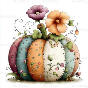 May include: A decorative pumpkin illustration featuring patchwork-style segments in shades of pink, blue, orange, and cream, each adorned with small floral patterns. A purple flower and an orange flower emerge from the top with green leaves.